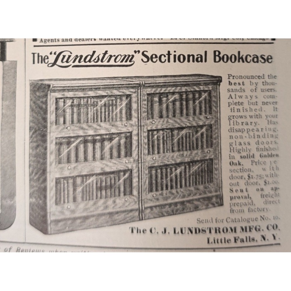 1903 Lundstrom Sectional Bookcase Antique Print Ad Little Falls NY Golden Oak